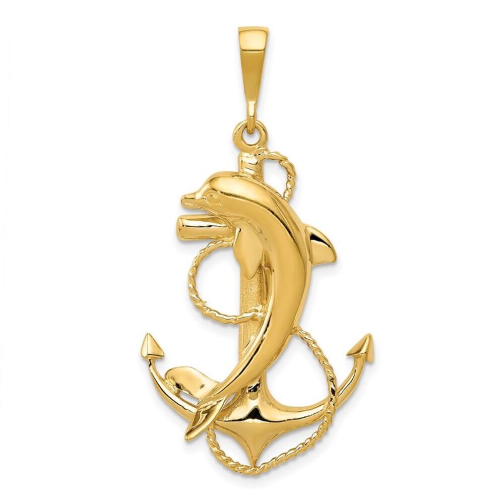 14k Yellow Gold Solid Polished Anchor With Dolphi… - image 1